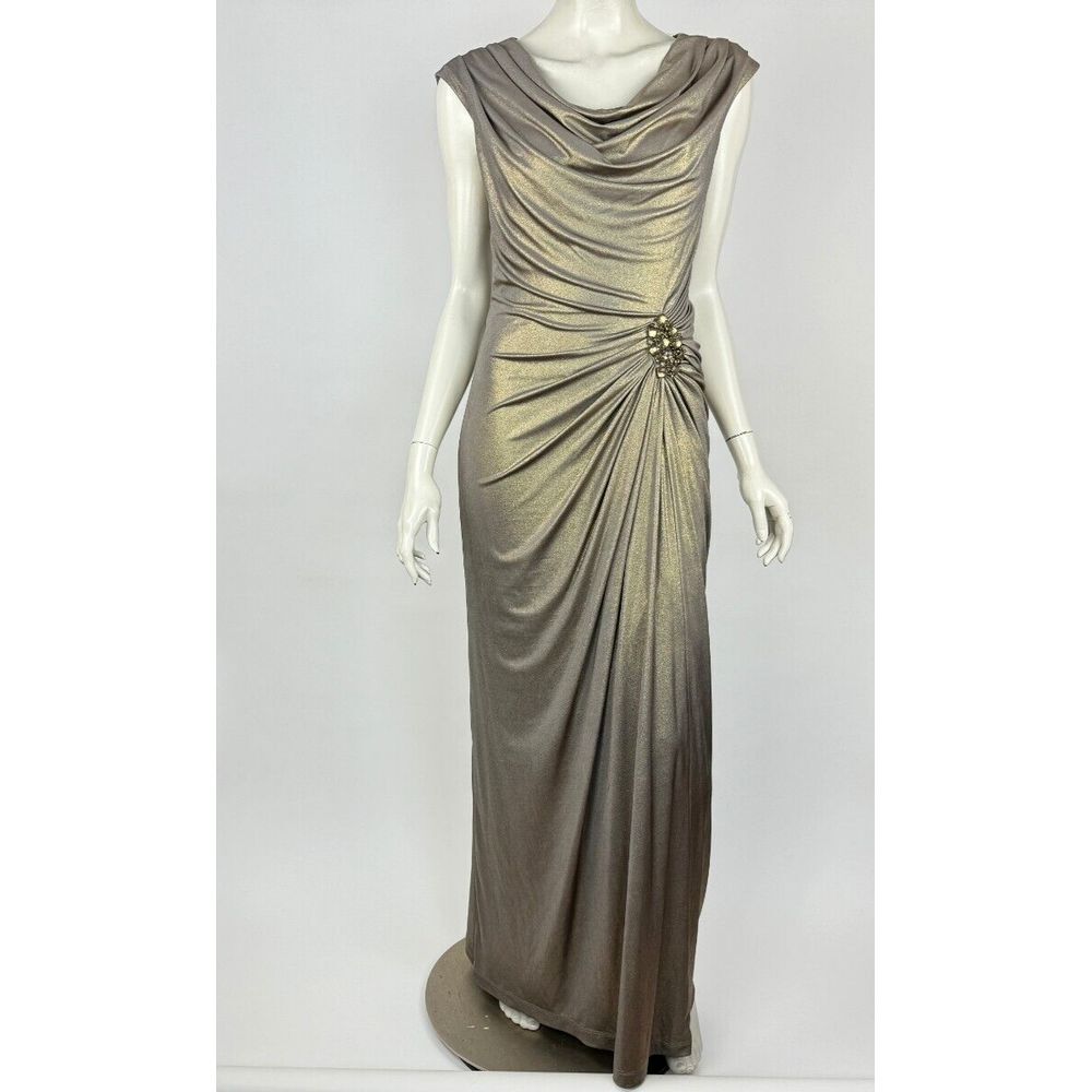 Tadashi Shoji Metallic Jersey Draped Gown Women XS EUC $585 Sleeveless Ruched